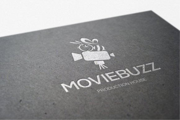 Silver moviebuzz logo with a bee and a camera on a gray background.
