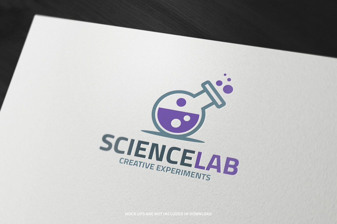 Violet substance boils in a flask science laboratory logo.