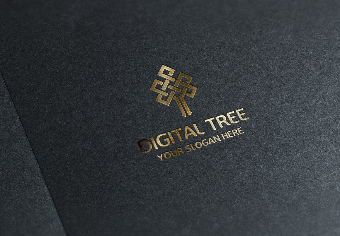 Golden digital tree logo on a black matte background.