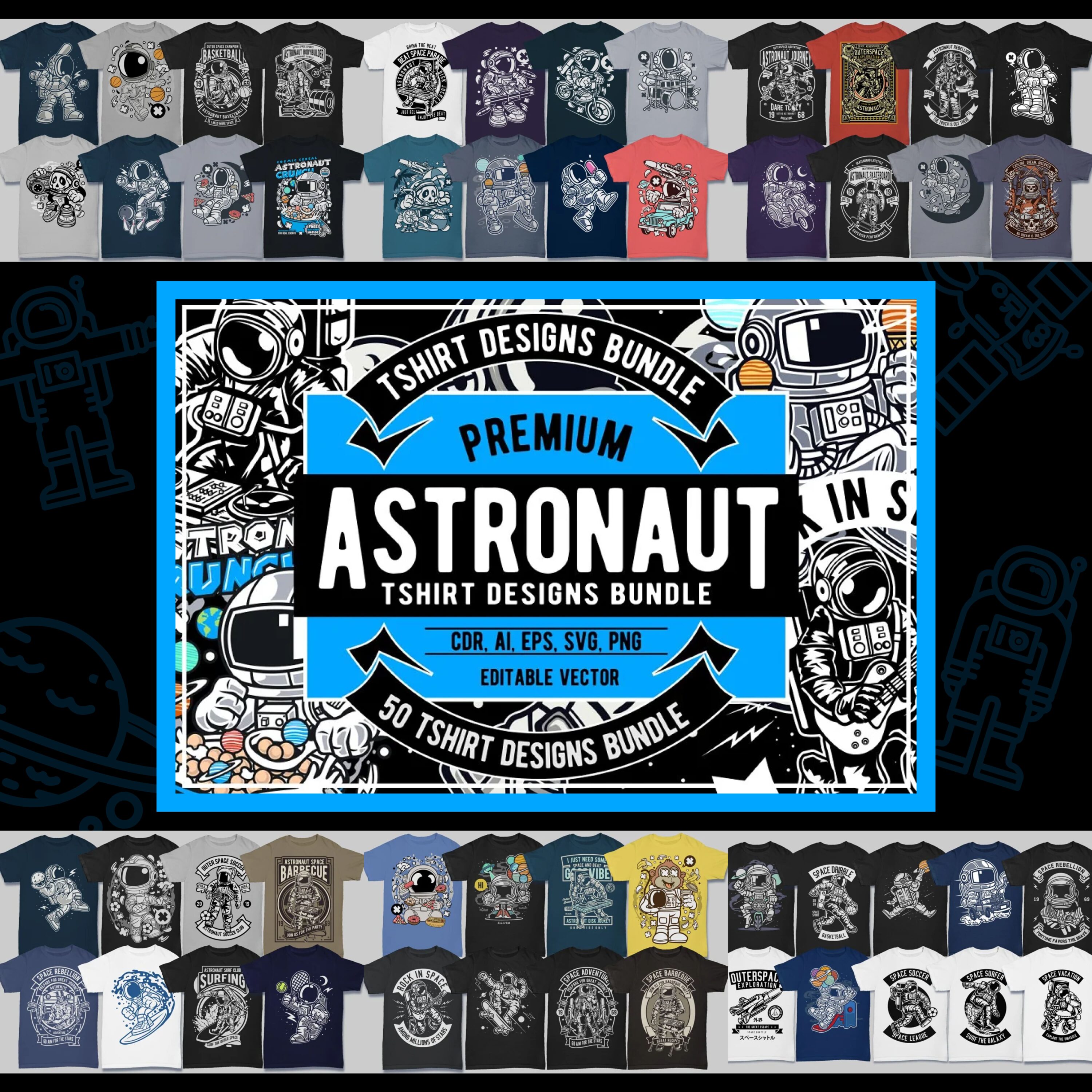 50 Astronaut Tshirt Designs Bundle cover image.