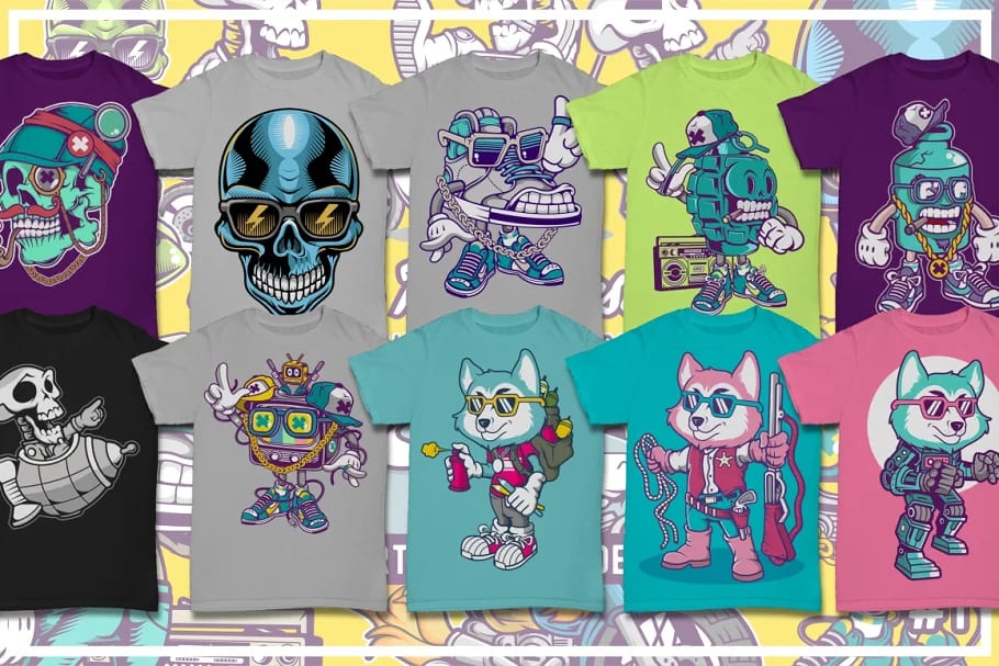 50 cartoon tshirt designs bundle 8, compelling designs.