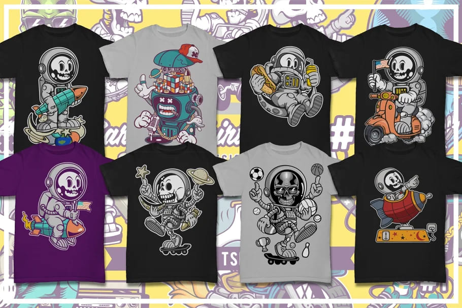 50 cartoon tshirt designs bundle 8, curious designs.