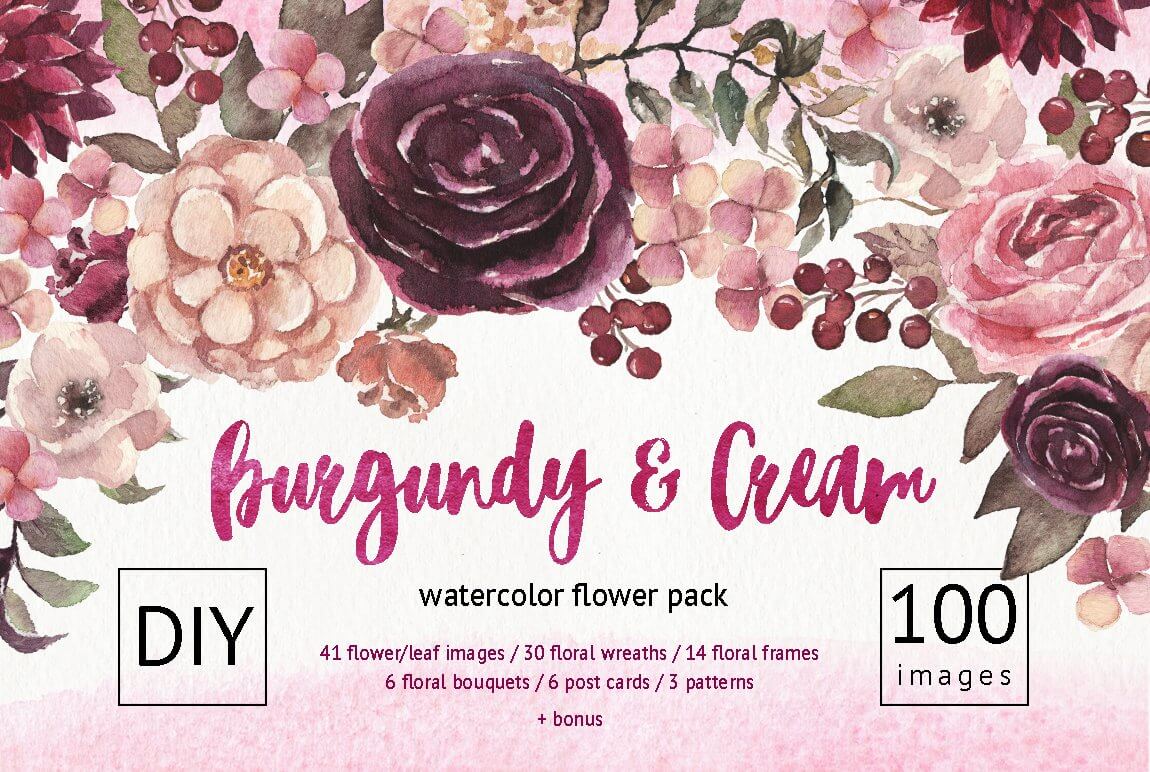 Burgundy and cream watercolor flower pack.