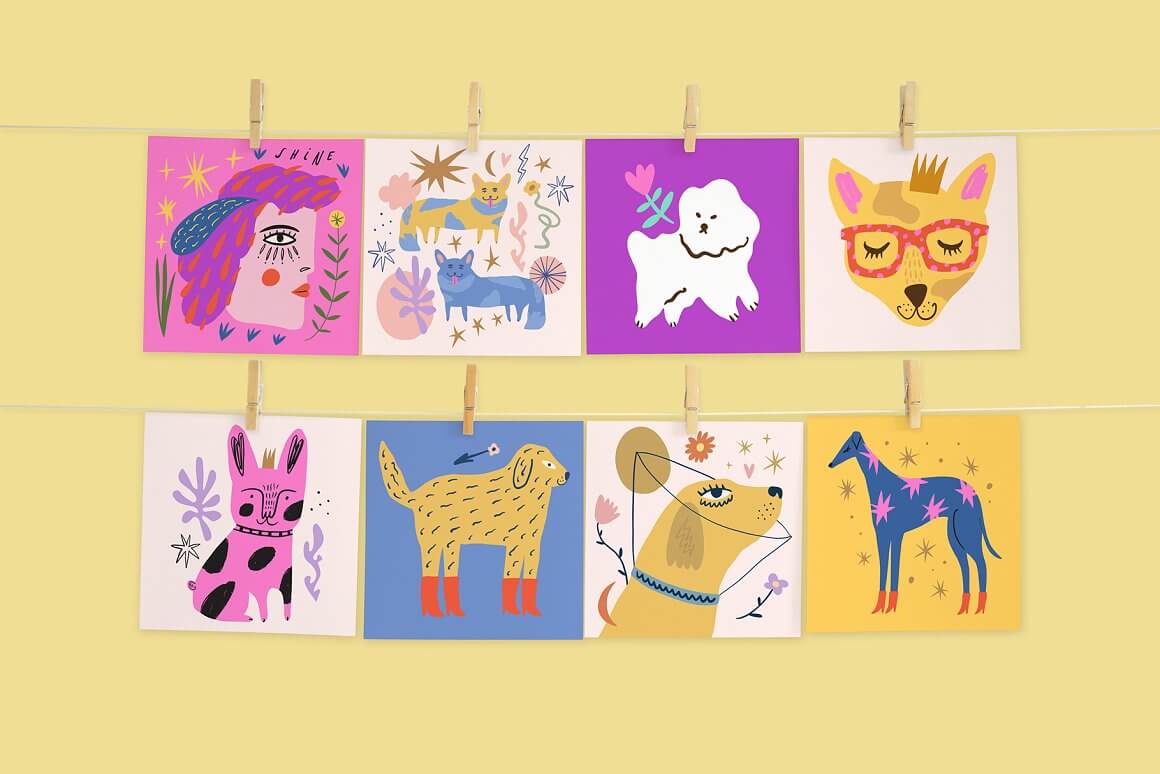 Cards with funny faces drawn by dogs hang on a thread on a light yellow background.