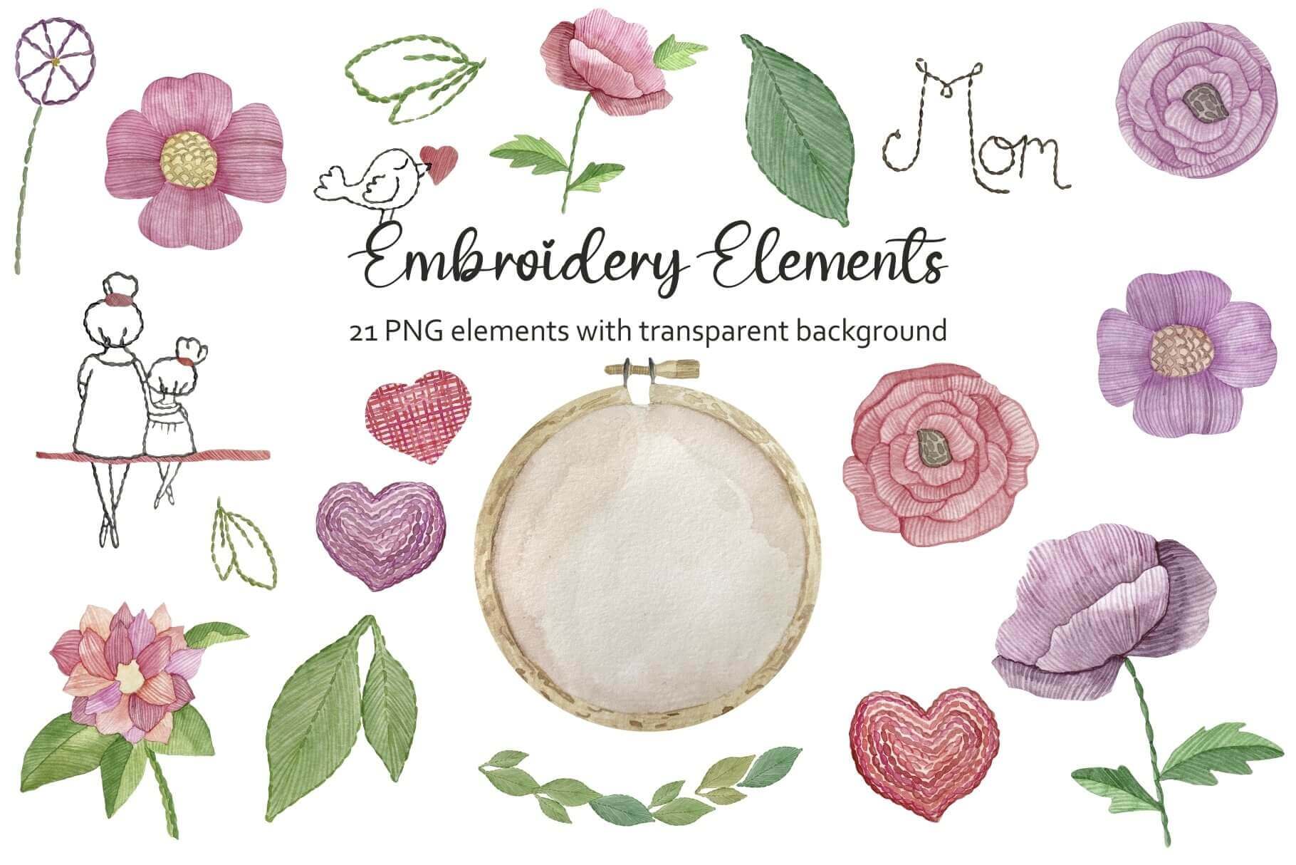 21 PNG embroidery elements with transparent background.