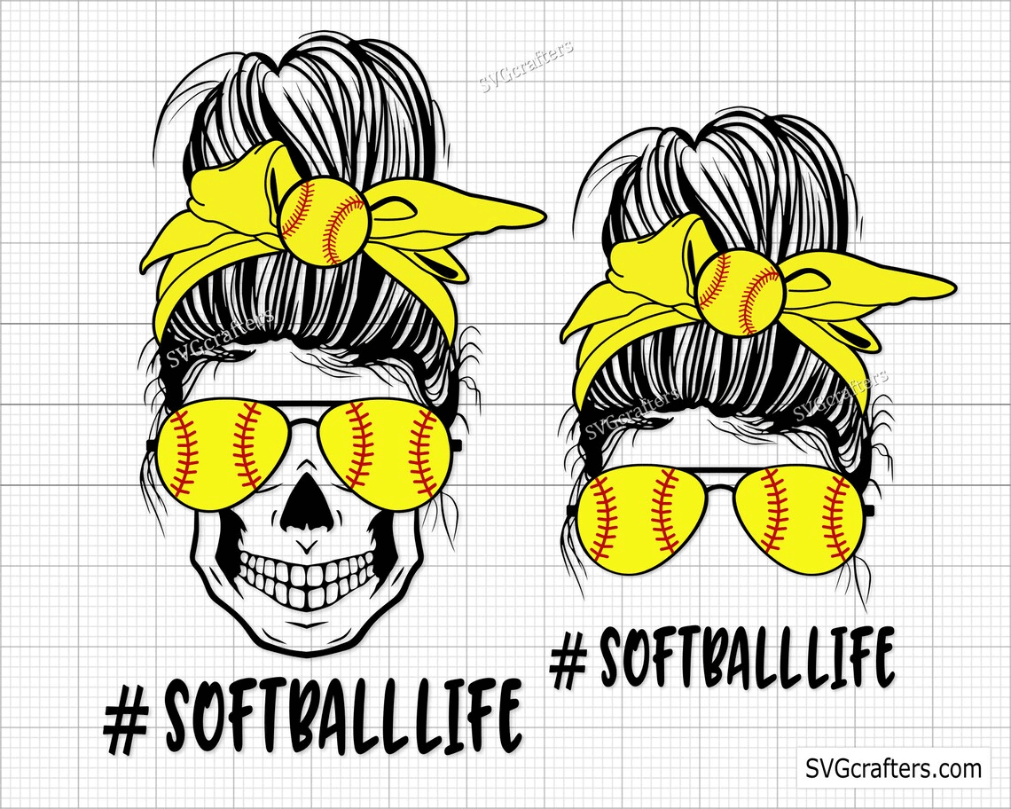 Two skulls with yellow baseball glasses and a yellow baseball headscarf in their hair.