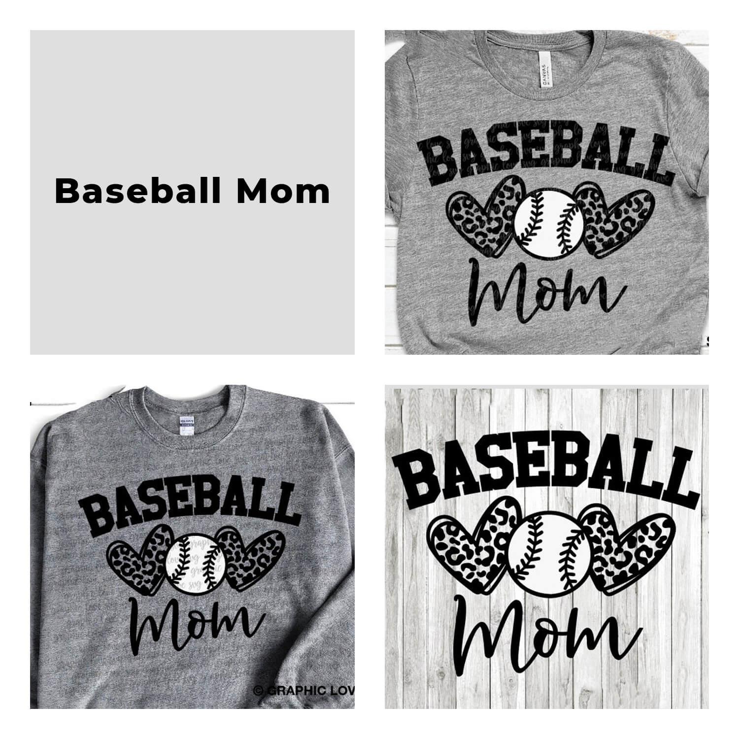 Four variants of the inscription baseball mom on different backgrounds.