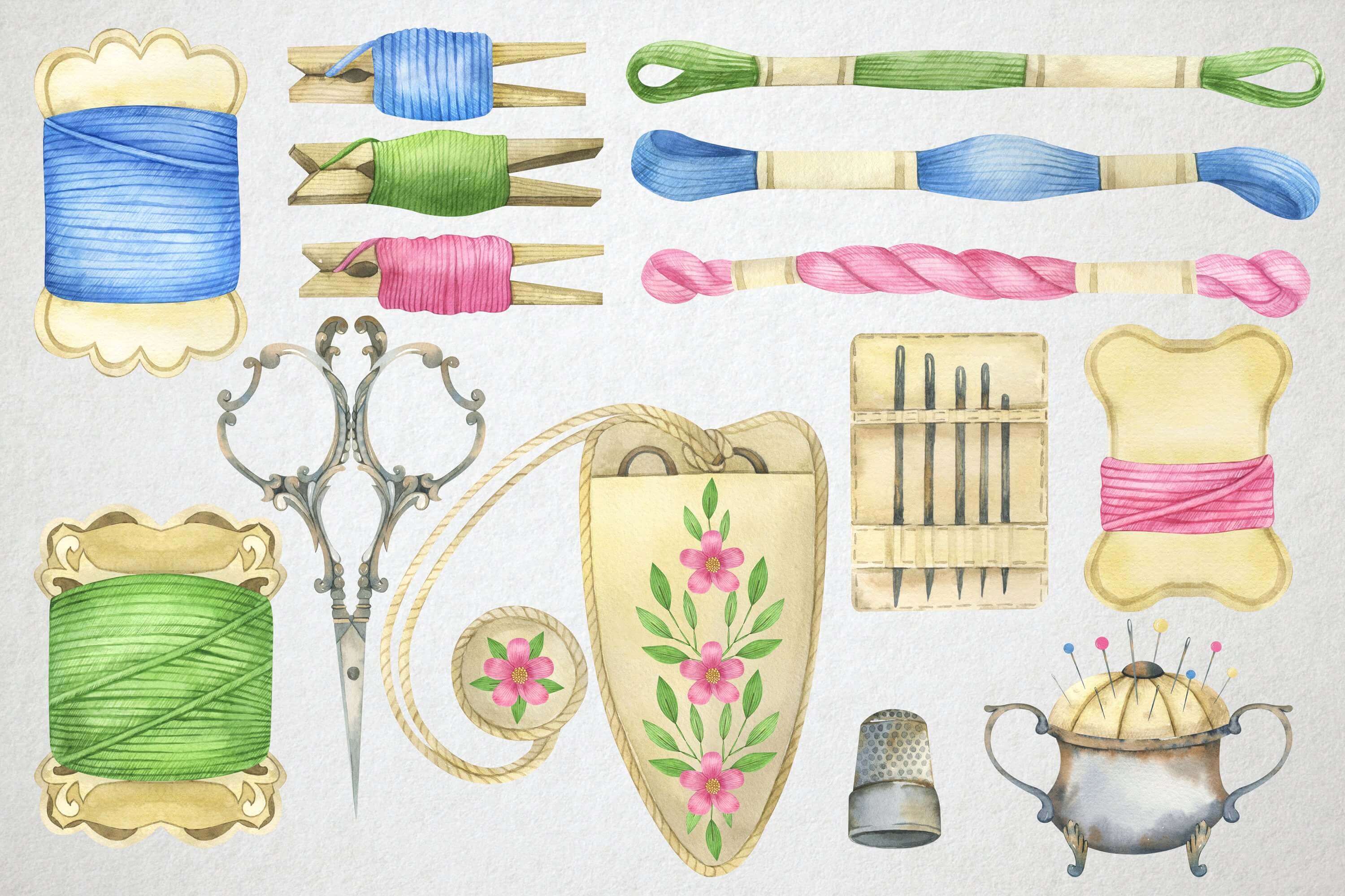 Watercolor image of many spools of thread, scissors, thimble, needles and a needle case on a light gray background.