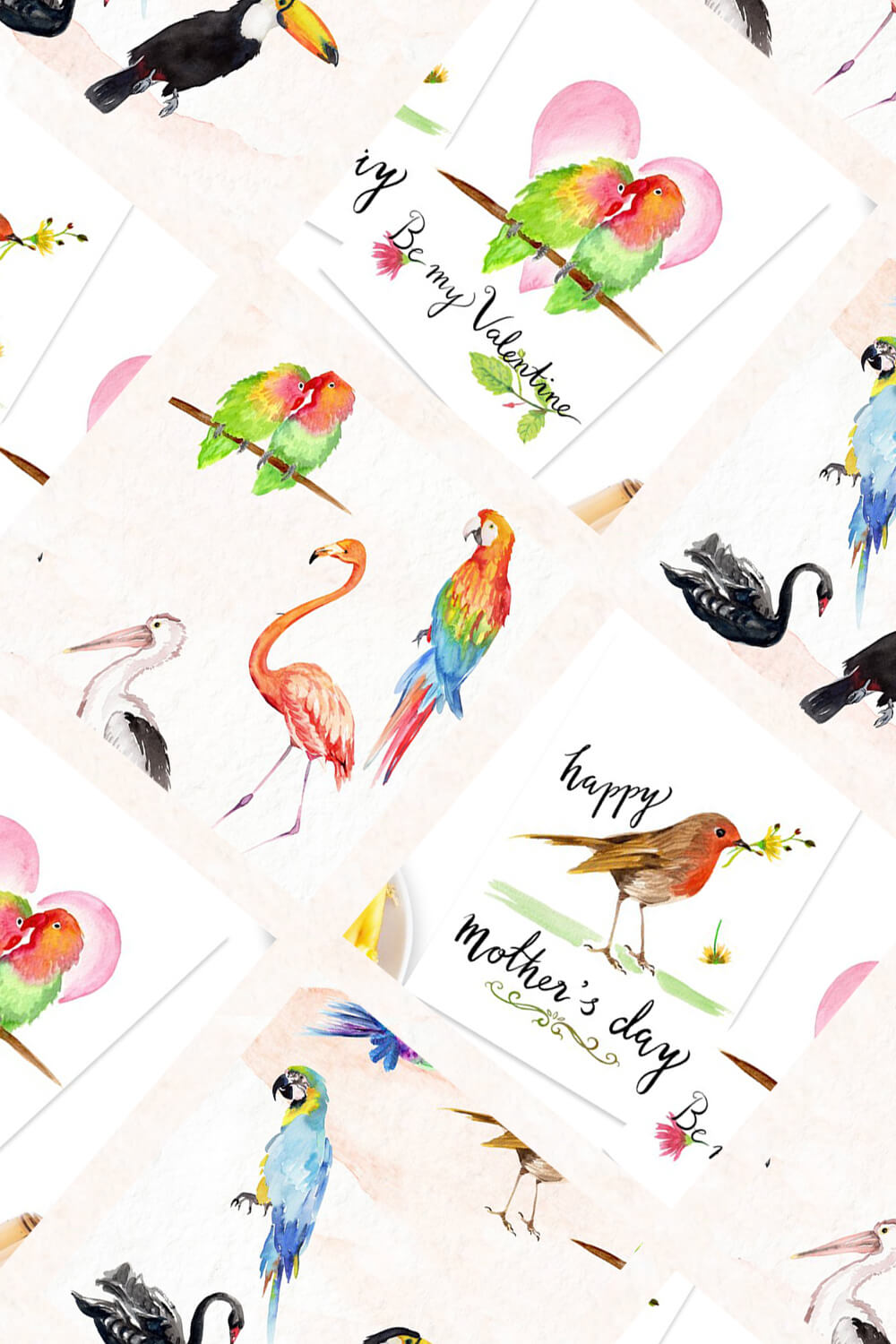 Watercolor images of flamingos, parrots and black swans.