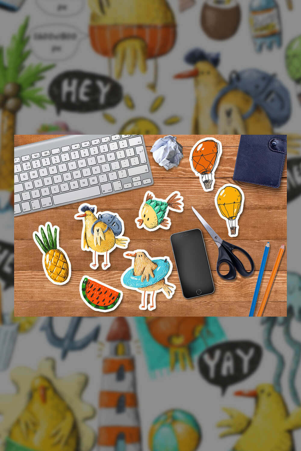 Summer applications with chickens lie next to the keyboard.