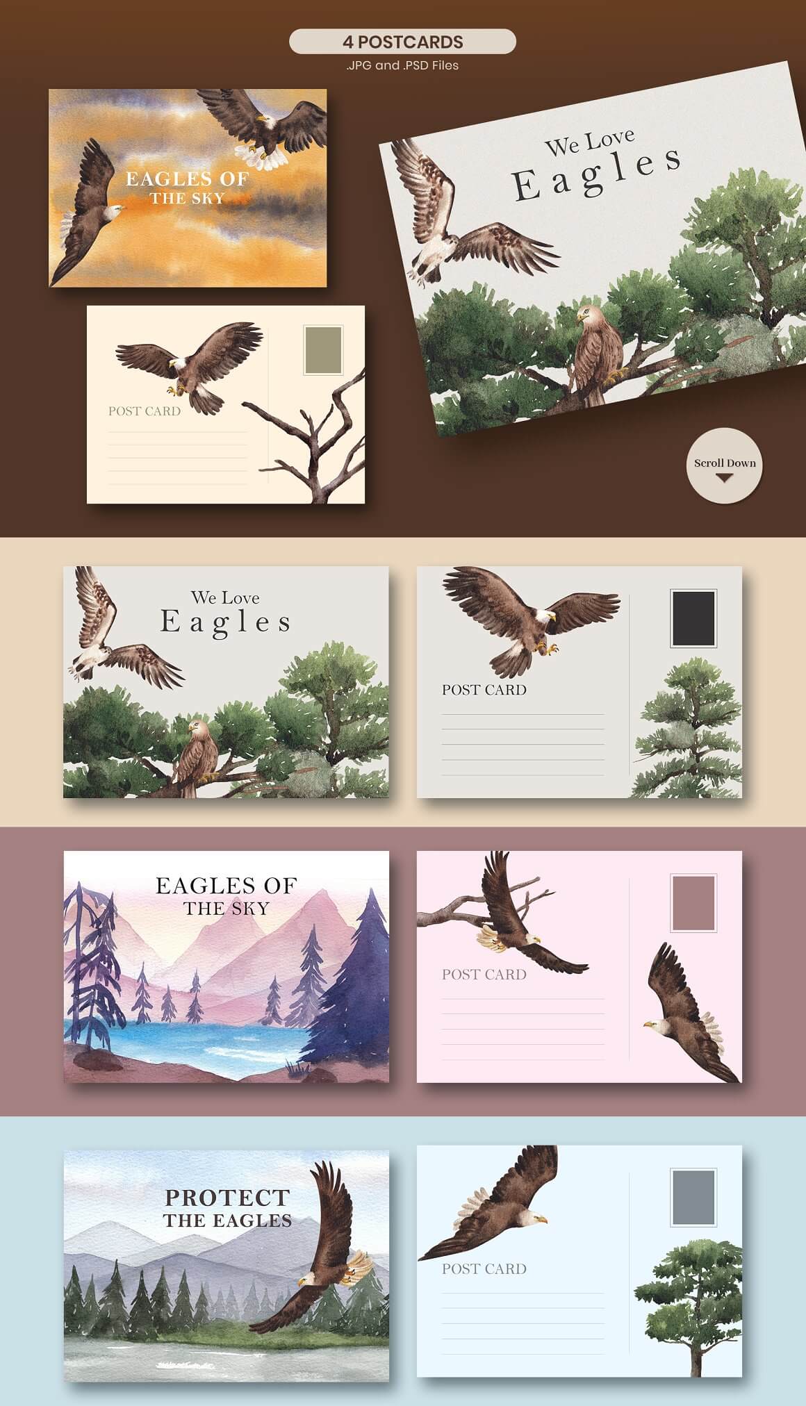 4 watercolor postcards of eagles and nature in beige and pink.