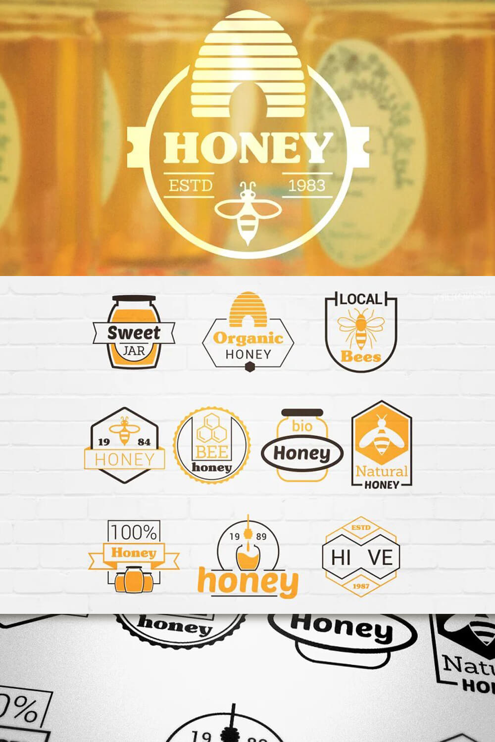Honey logos in orange, black and white are depicted on a white brick background.