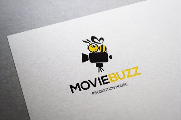 Colored moviebuzz logo with a black and yellow bee and a camera on a white background.