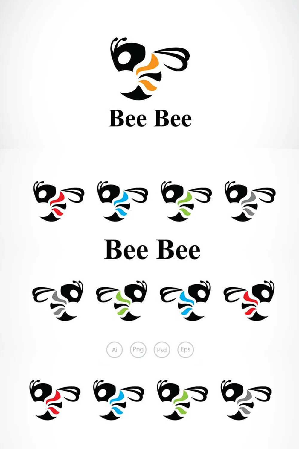 Variants of bee logos in different colors.