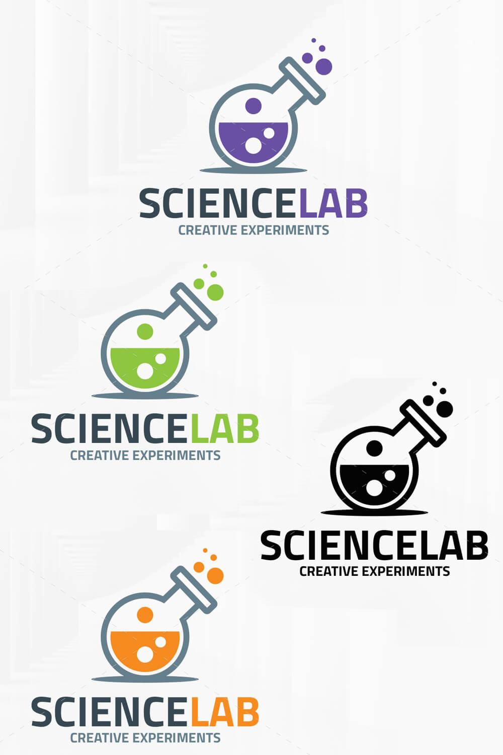 Four multi-colored science laboratory logos are drawn on a white background.
