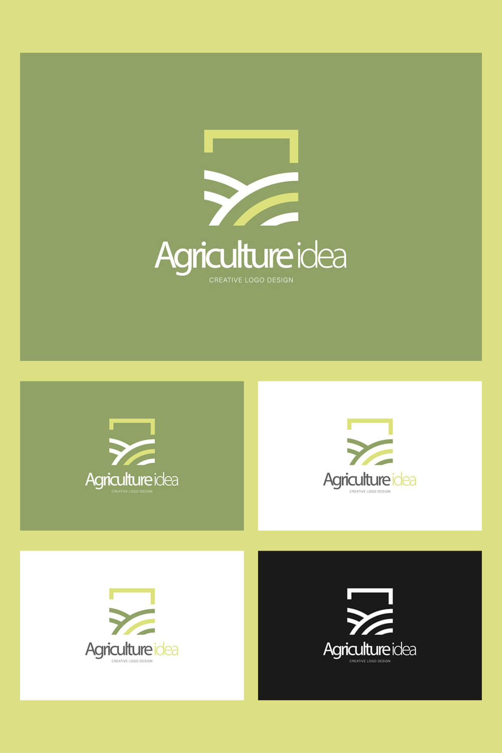 Four colored logos of agriculture idea on white, green, black backgrounds.