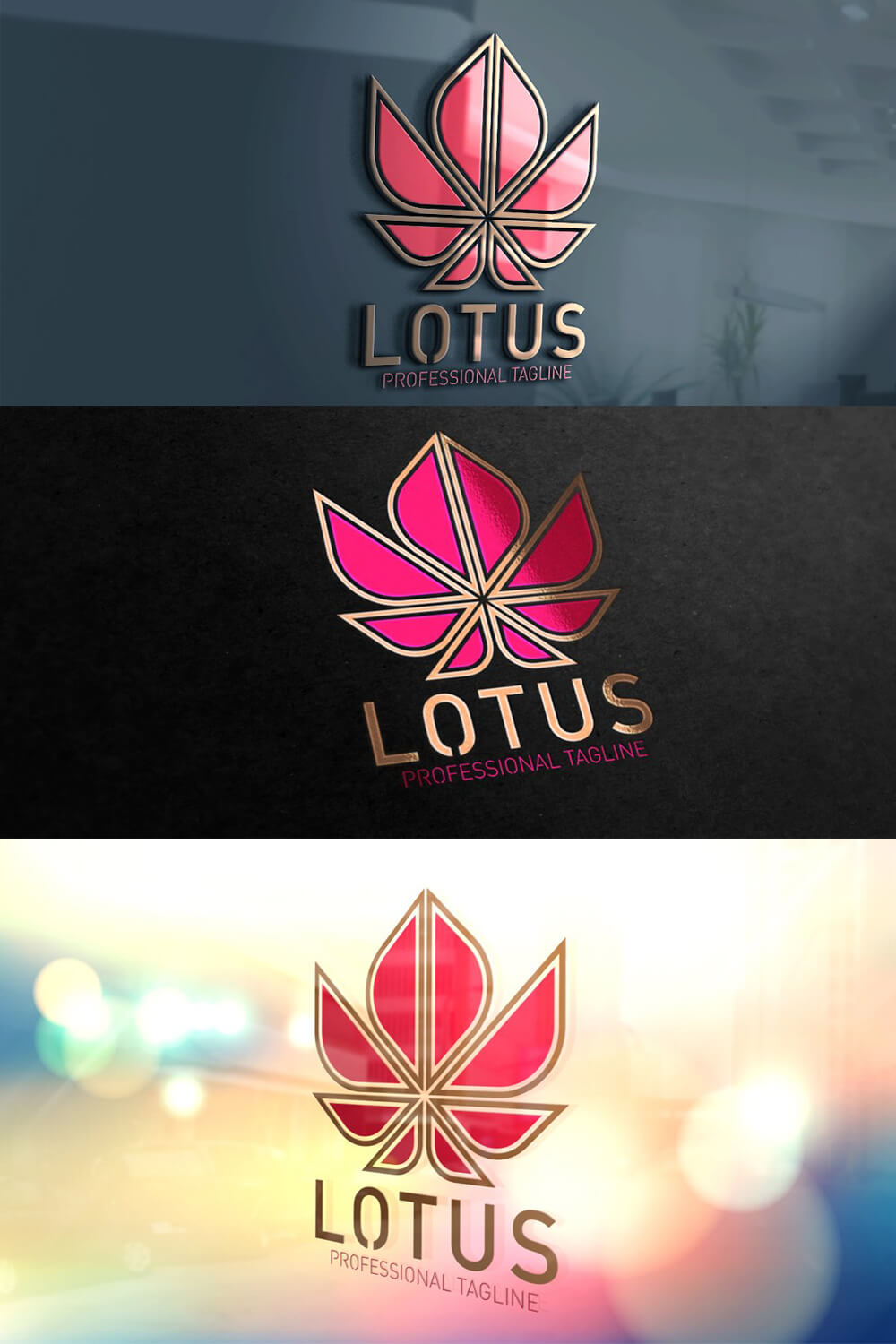 Logo with the image of a red lotus on different backgrounds.