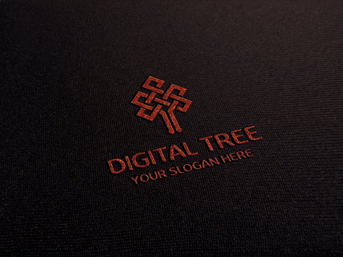 Dark red digital tree logo with an interesting texture on a black fabric background.