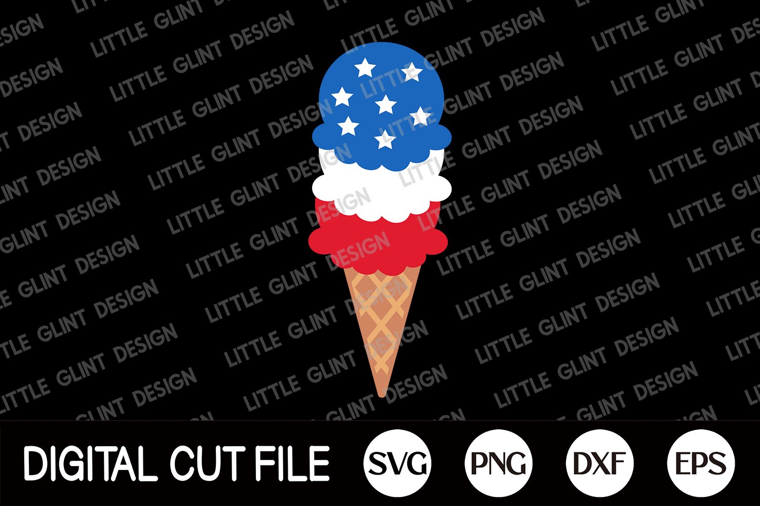 Scoops of ice cream on a cone with patriotic symbols.