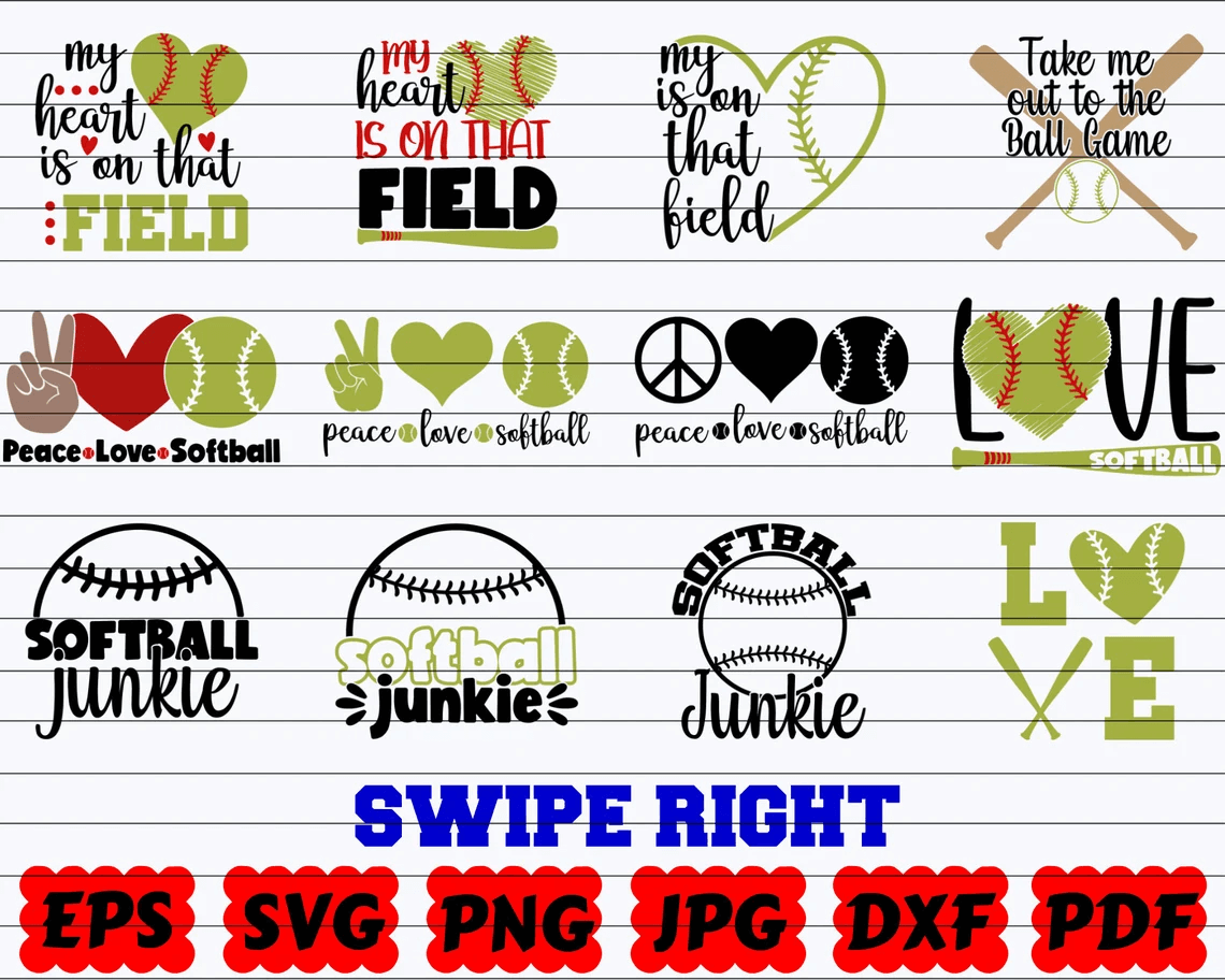 Many types of SVG Bundle "Peace, love, softball".