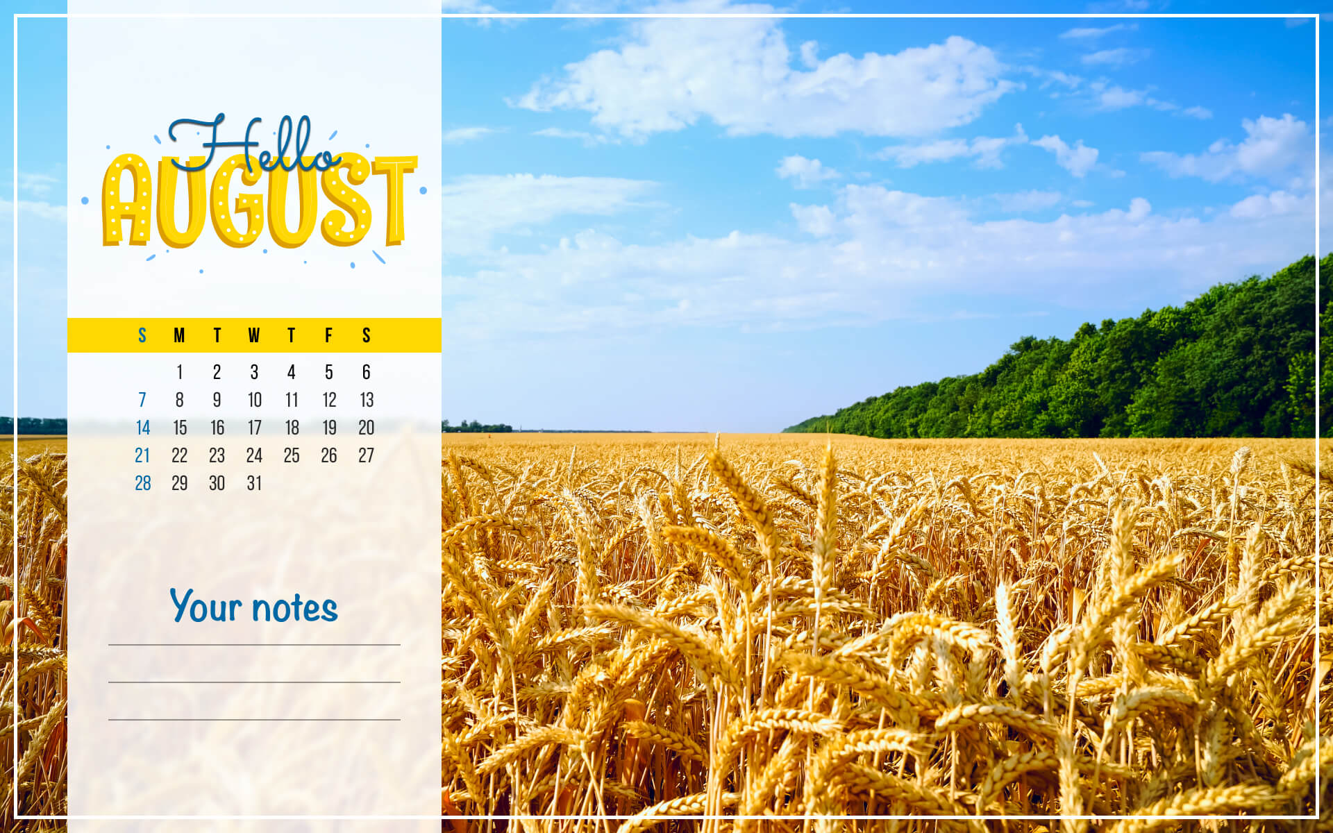 Free August Field Printable Calendar Facebook Image.