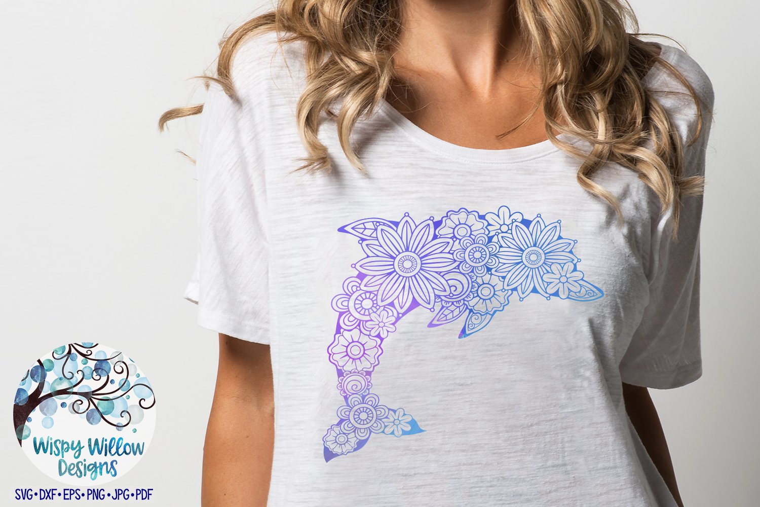 T-shirt with a dolphin print made of flowers.