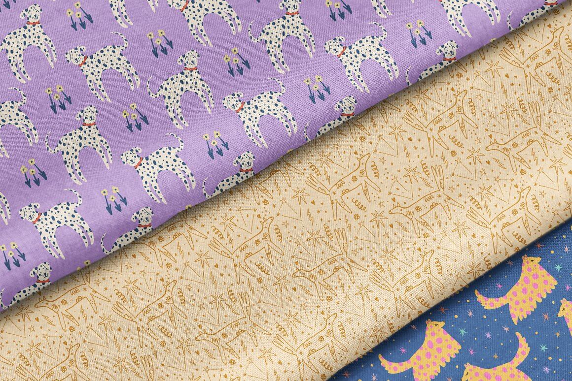 Small dog prints on purple, yellow and blue fabric.