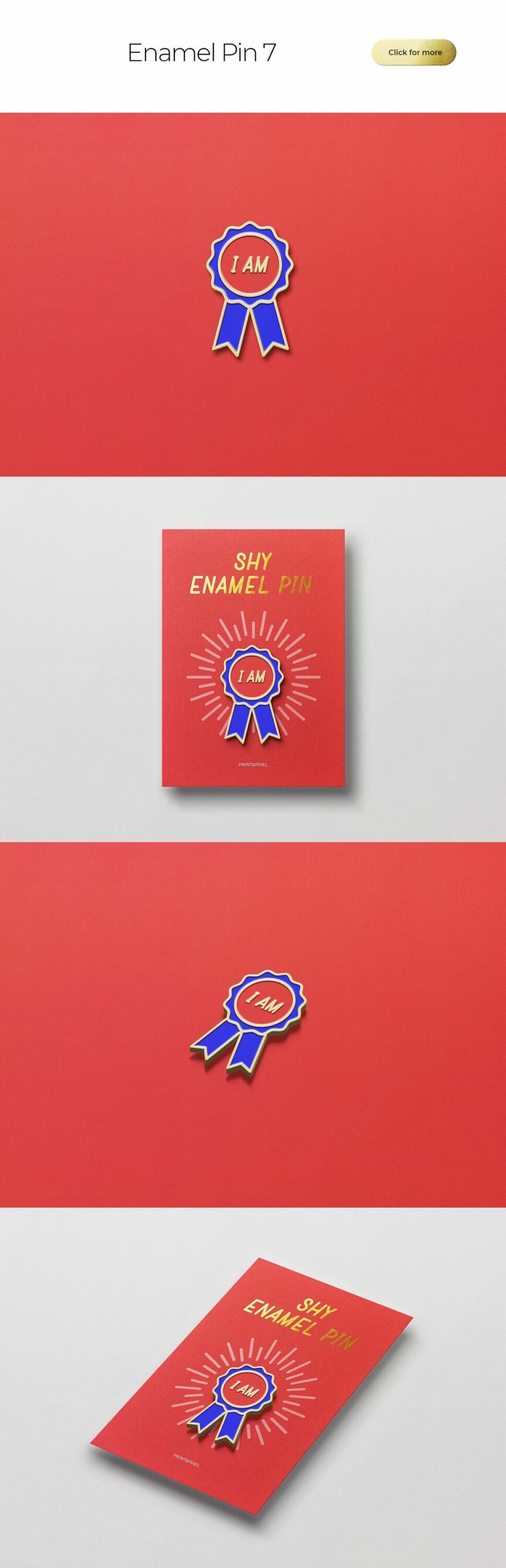 Cards with inscription "Shy enamel pin" on the red and white backgrounds.