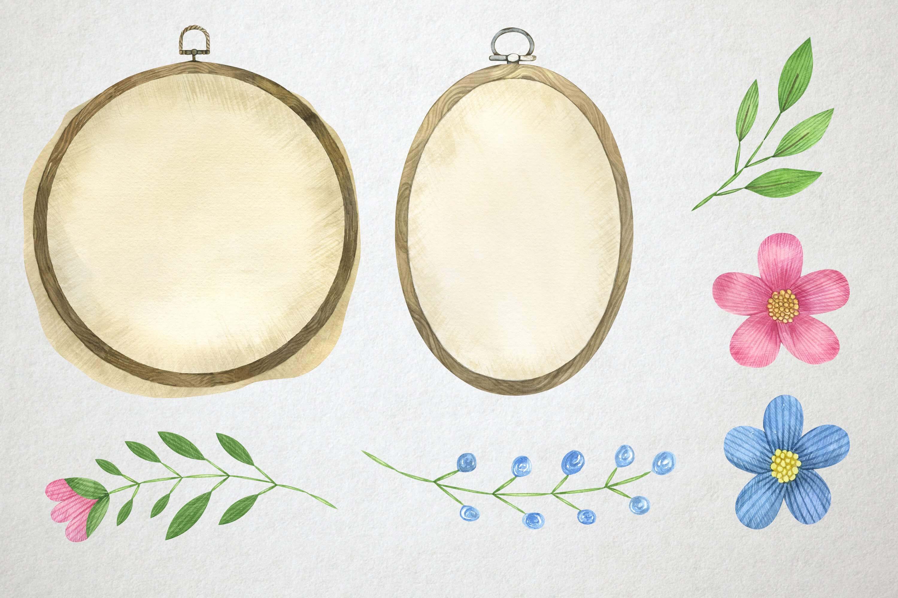 Watercolor image of two hoops and embroidered flowers and leaves.