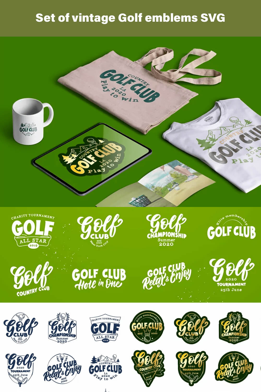 Vintage golf emblems SVG on the white t-shirt, cup and white bag.