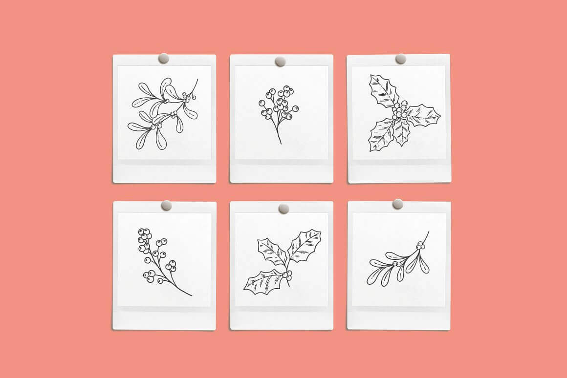 On a peach background are attached six white papers on which winter leaves are drawn.