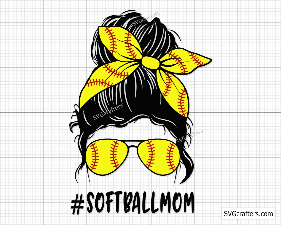 Softball mom with yellow baseball glasses with red stitching.