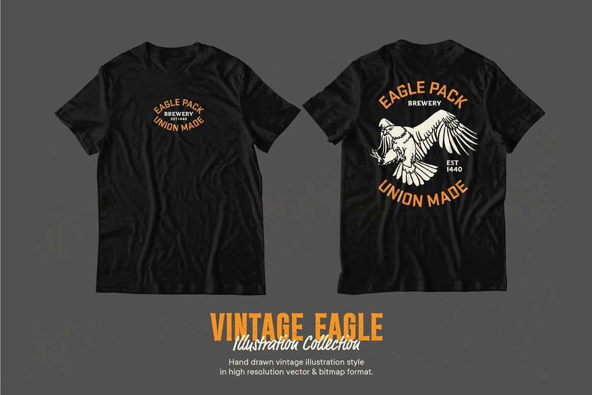 Inscription "Eagle pack union made" on the black t-shirt.