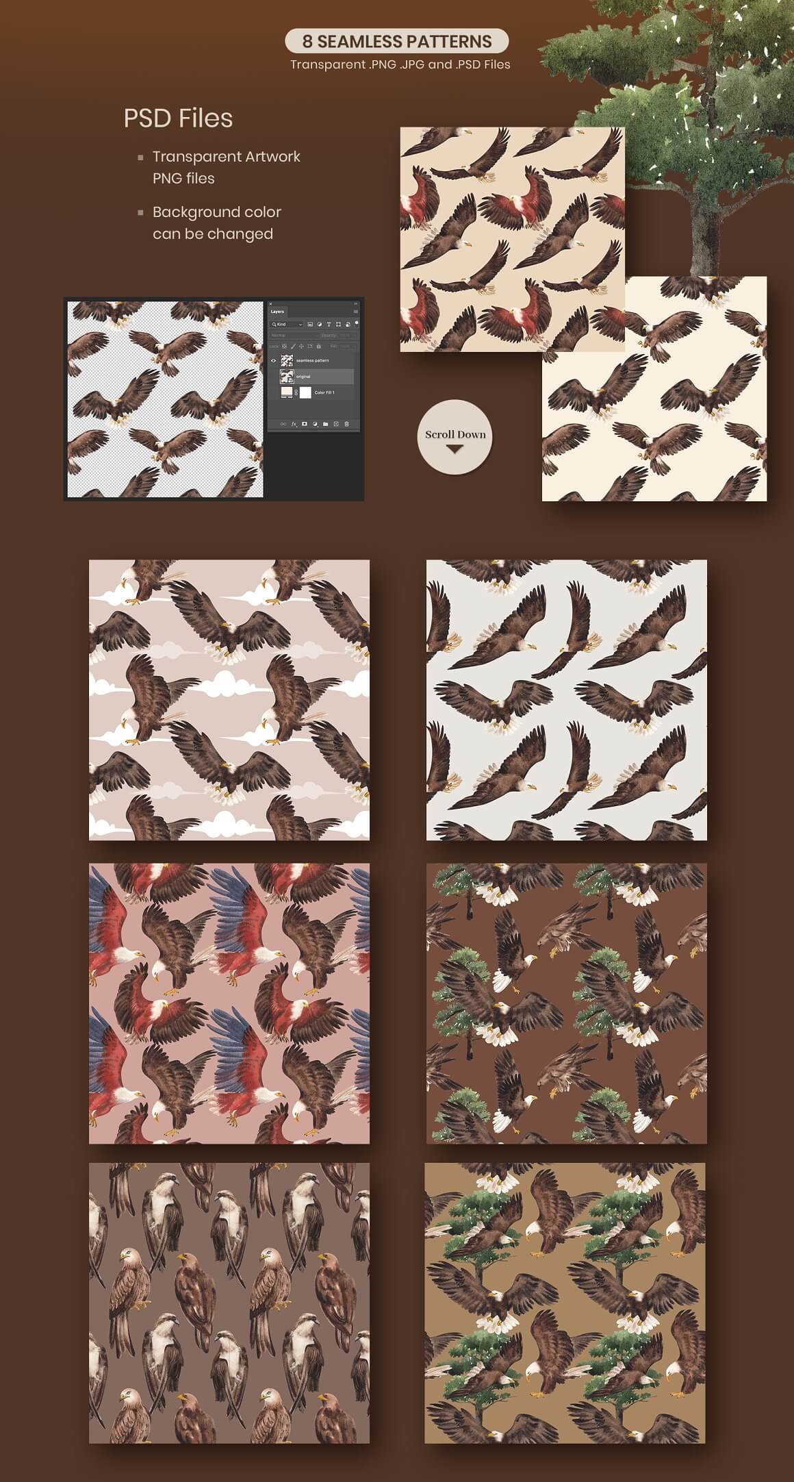 8 seamless patterns with transparent artwork PNG files.
