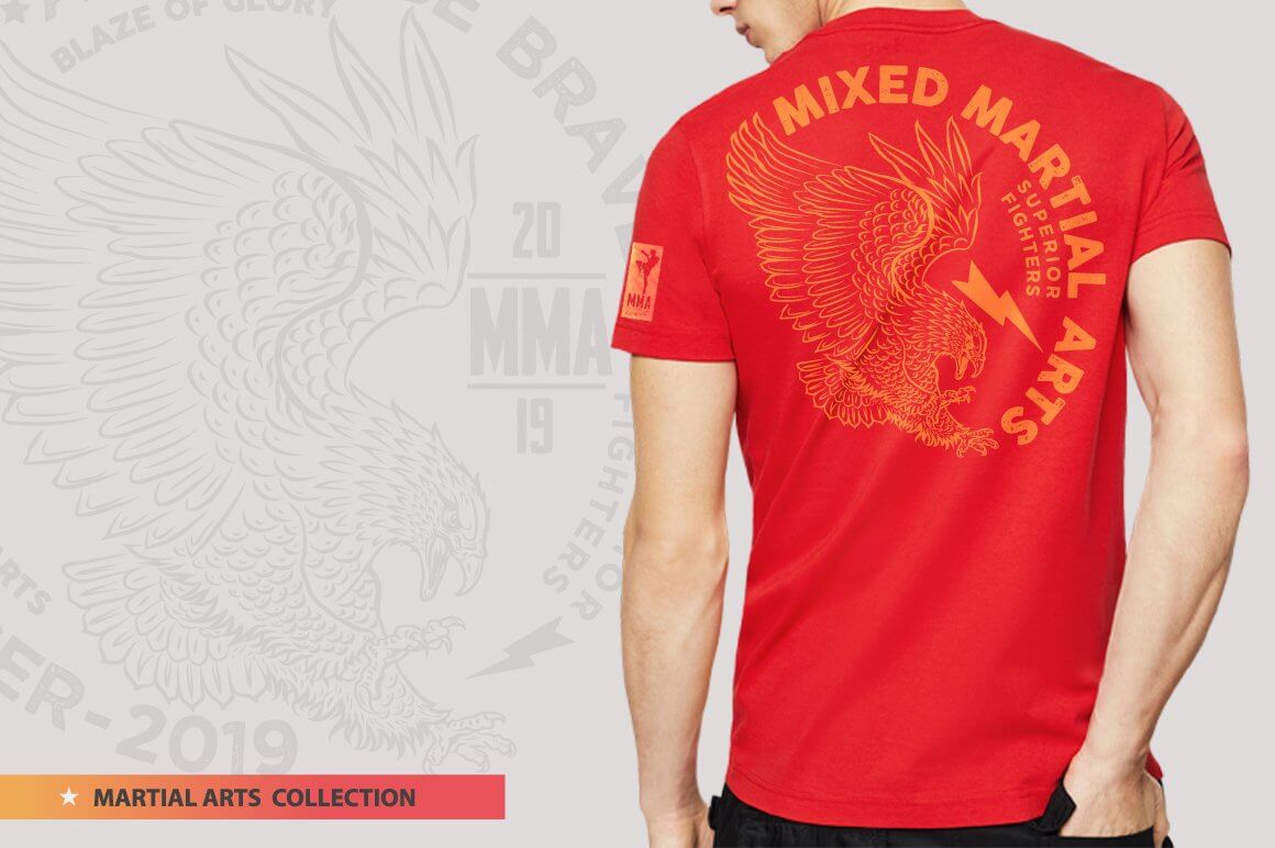 MMA fighters with an eagle illustration on a bright red t-shirt.