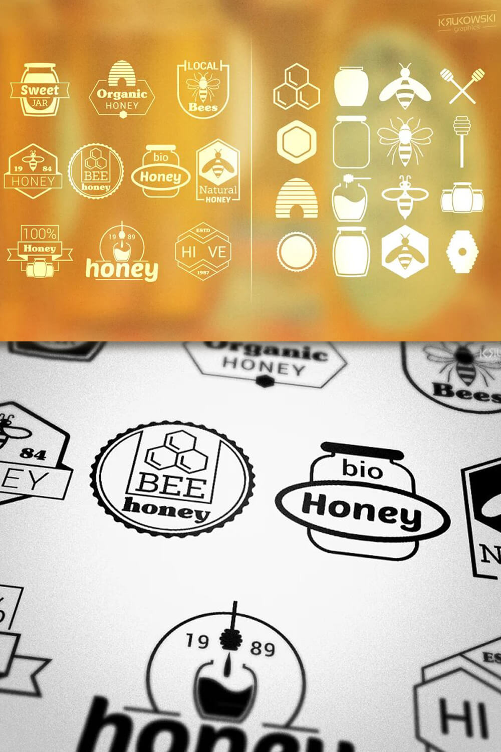 Two variants of the image of the honey logos on a white and orange background.