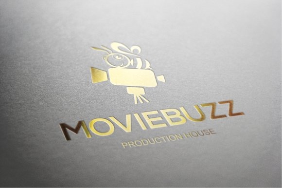Golden moviebuzz logo with a bee and a camera on a gray background.