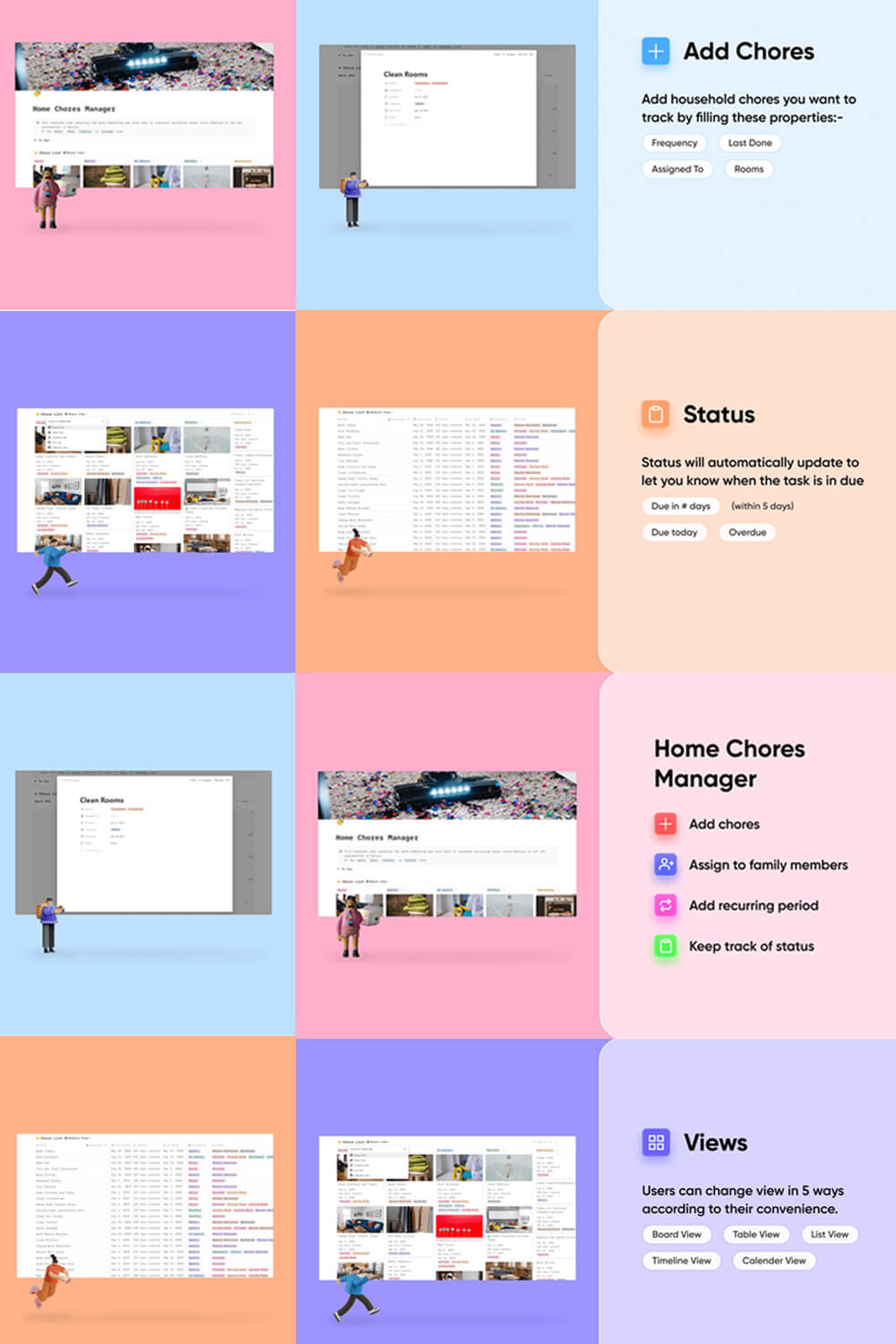 A collage of presentation page images in squares with a colored background and a list of benefits on the right.