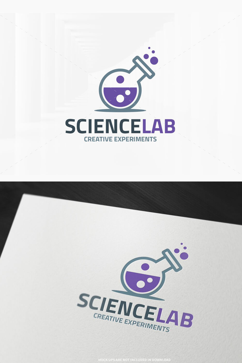 Purple science laboratory logo drawn on a white sheet of paper.