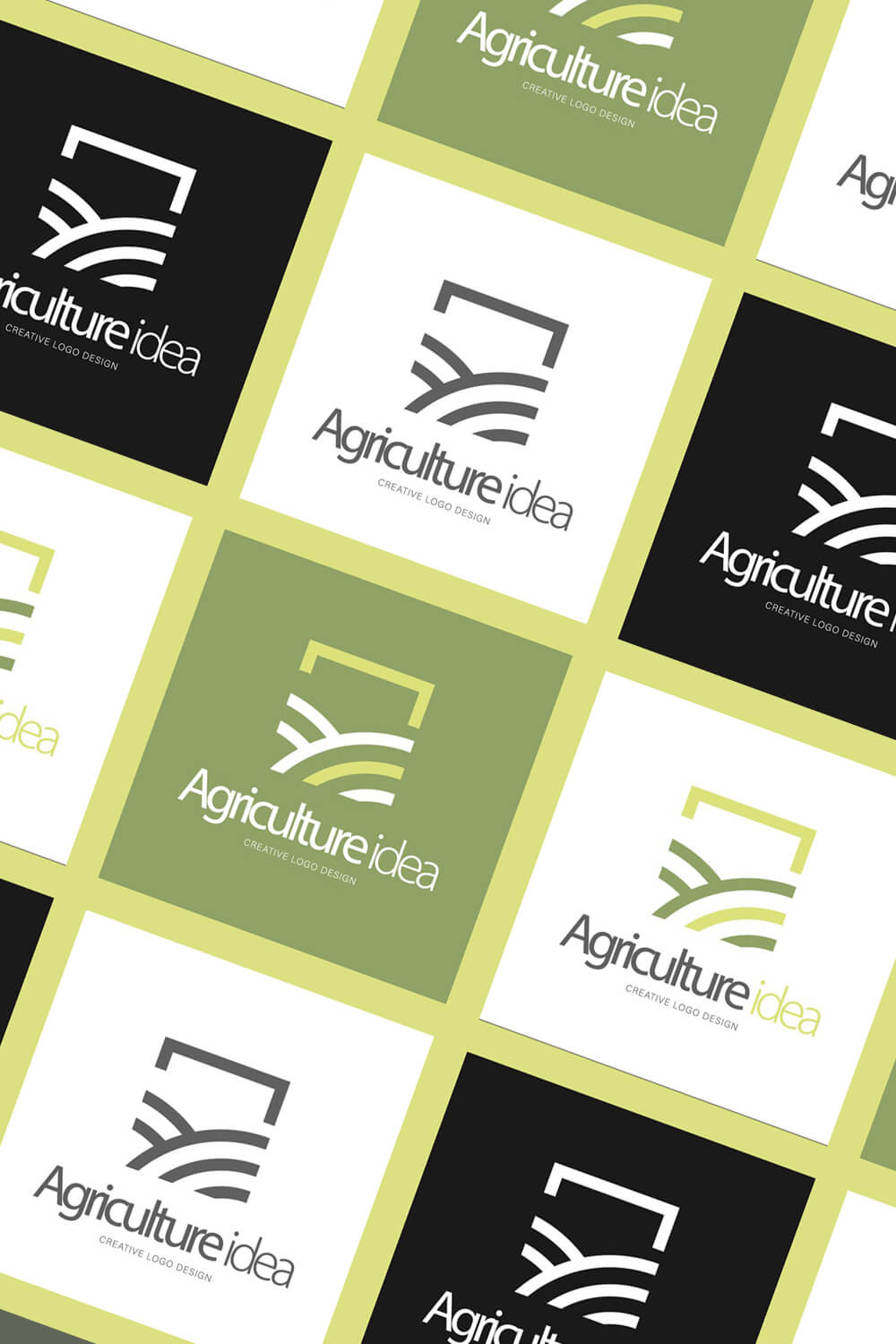 Diagonal images of logos of agriculture idea on white, green, black backgrounds.