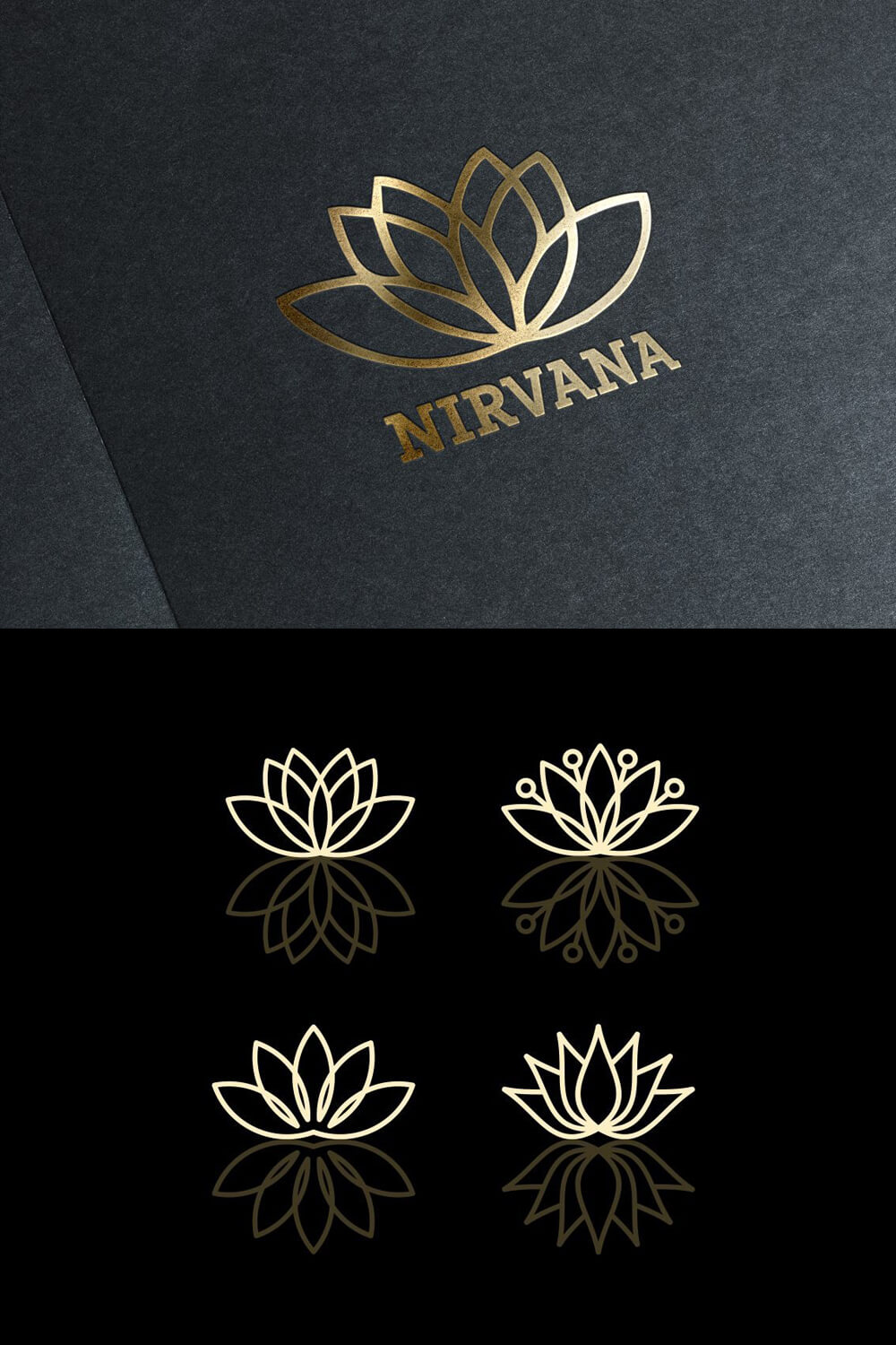 Two versions of the lotus logo on gray and black backgrounds.