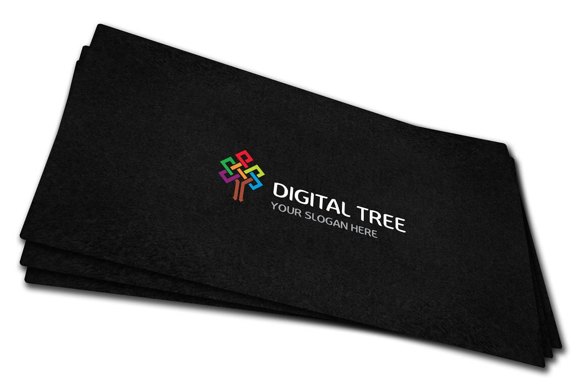 Bright color digital tree logo on a black business card background.