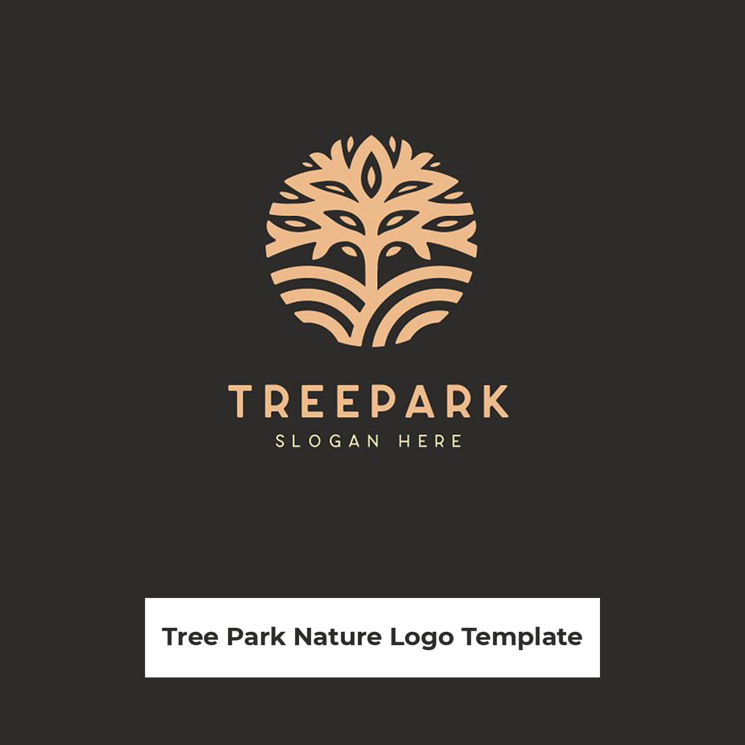 On a black background, a round logo with an image of a beige tree.