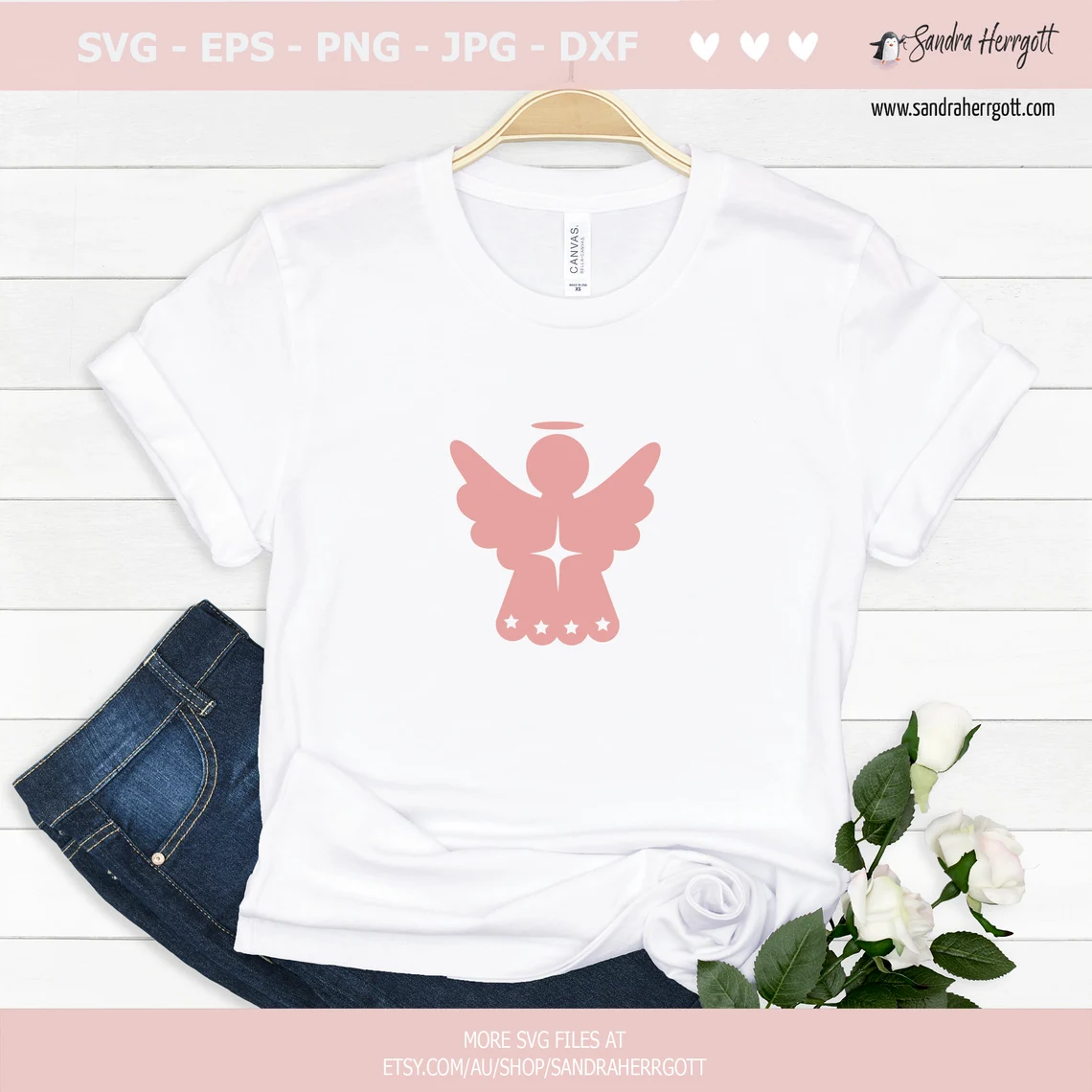 The image of an angel on a white T-shirt for women.