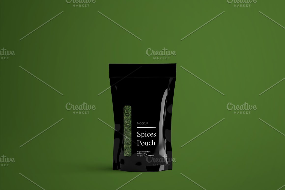 Black packaging of green spices.