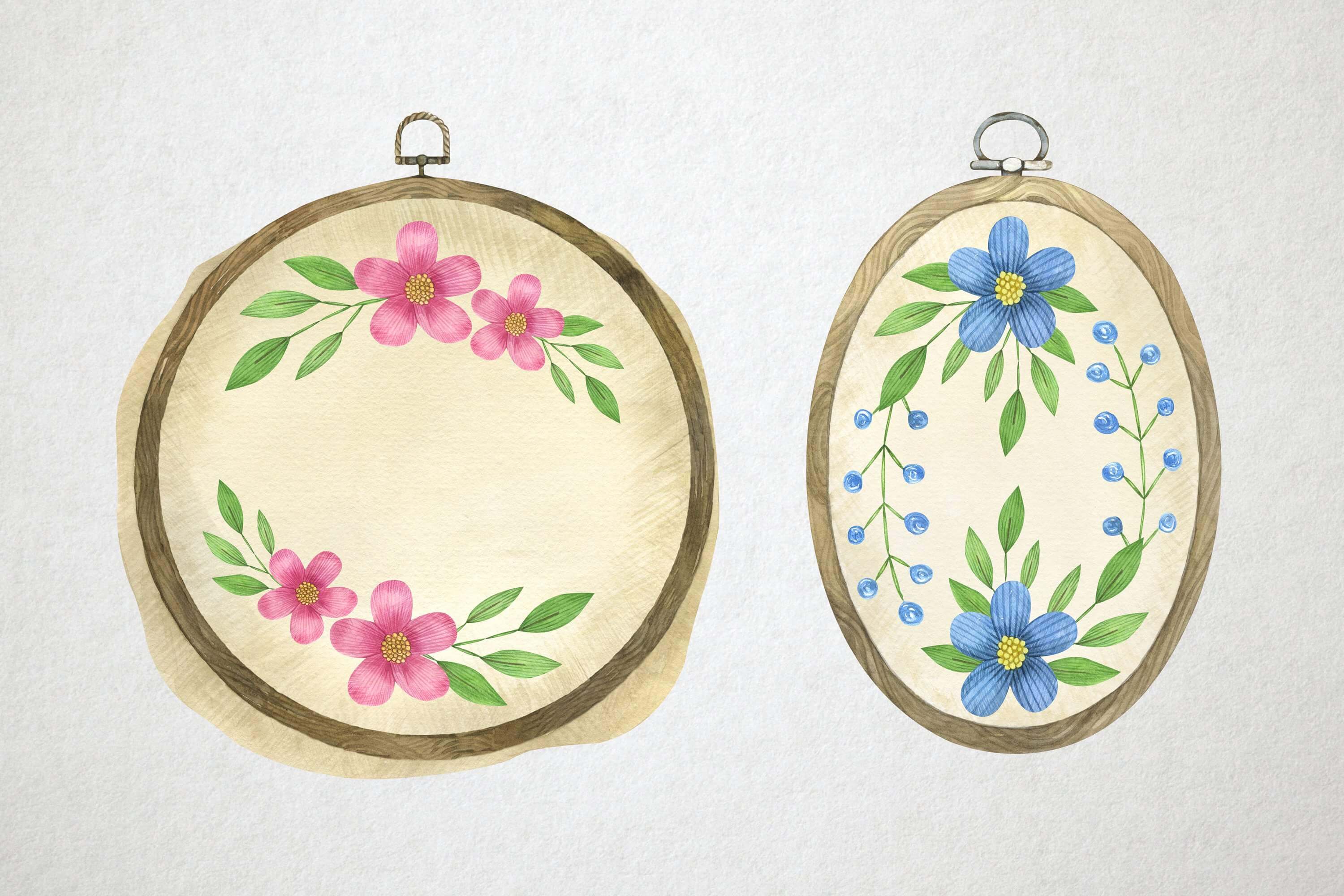 Watercolor image of two hoops inside which flowers are embroidered on the fabric.