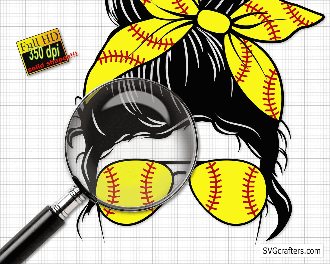 Softball mom with yellow baseball glasses with red stitching under a magnifying glass.