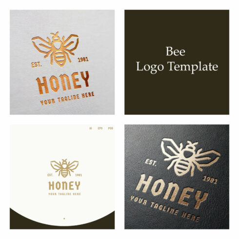 Four images of Bee Logo Template on backgrounds of different textures.