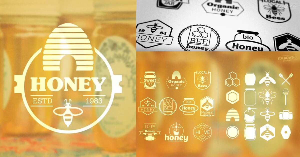 On the left side there is a large honey logo and on the right side there are many small logos with the same theme.