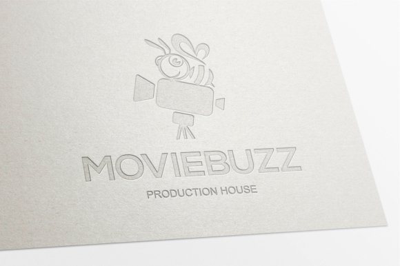 Embossed moviebuzz logo with a bee and a camera on a gray background.